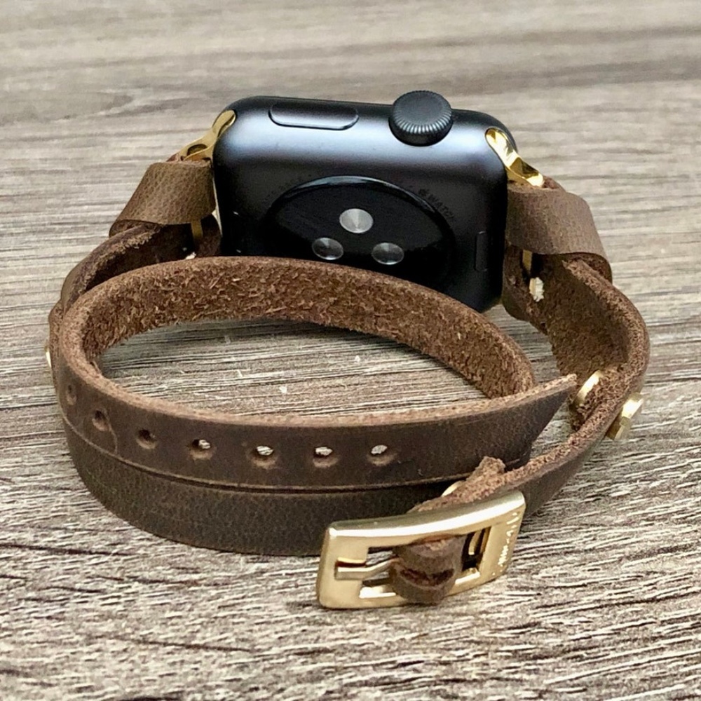 Double Wrap iWatch Vintage Brown Leather Gold Band - Picture 5 of 9